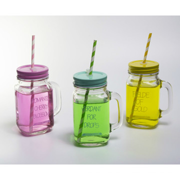 Clear 16oz Square Glass Mason Jar with Handle and Straw